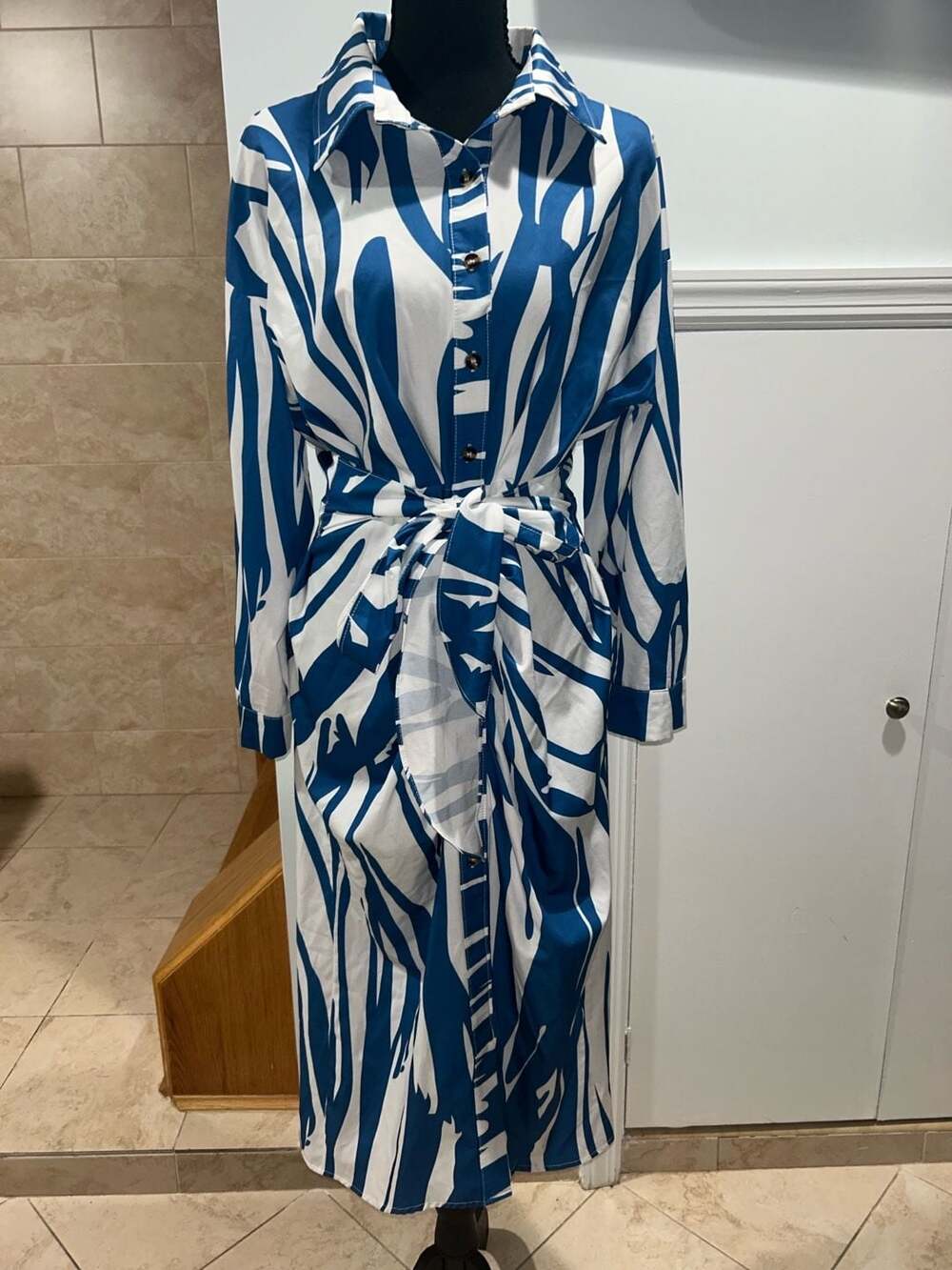 Blue and White Abstract Print Long Sleeve Collared Shirt Midi Dress with Tie Wai